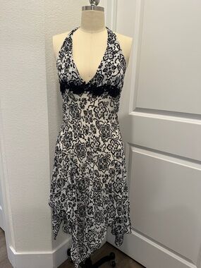 Black & White Floral Halter Midi Dress fairy boho festival euro silk